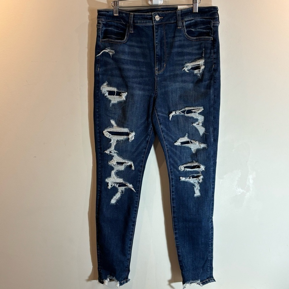 AMERICAN EAGLE  Sz 14S Dark Wash Distressed Chewed Hem Super High Rise Jeans NEW